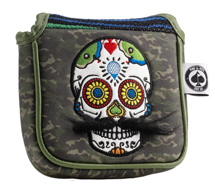 Mustache Sugar Skull - Mallet Putter Cover Green Camo